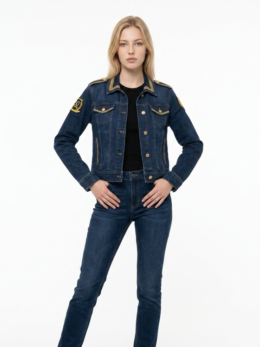 Peter Nygard 50th Anniversary Denim Jacket with Gold Military Accents